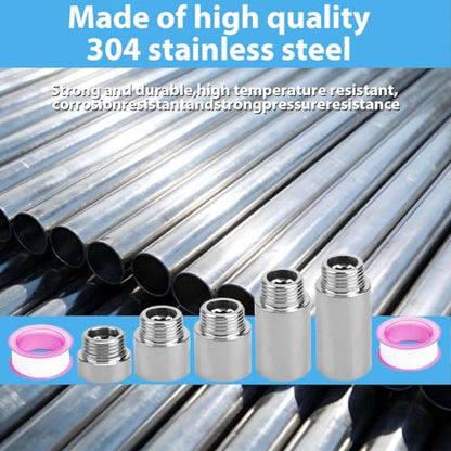 10PCS Shower Pipe Extender, Shower Head Extension Pipe, Stainless Steel G1/2 Male To Female Thread, Length Extender Pipes Fitting Nipple for Showers, Faucets, and Plumbing With Ptfe Thread Seal Tape