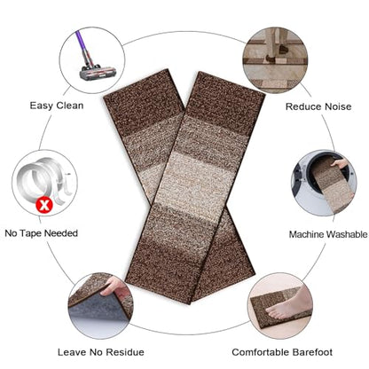 OLANLY Stair Treads Non Slip 15PCS, 8" x 30" Indoor Stair Runners for Wooden Steps, Edging Stair Rugs with Reusable Peel and Stick Adhesive for Kids Elders and Pets, Brown - color: Brown