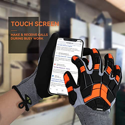 Safety Work Gloves with Impact Protection for Men Women, Touch Screen Anti-Slip TPR Heavy Duty Gloves with Nitrile Grip, Cut Resistant Gloves for Mining/Gardening/Farming/Construction (Small) - size: Small