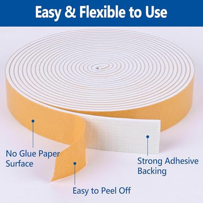Self-Adhesive High Density Foam Insulation Strips - 1/2in x 3/8in x 16.5Ft Weatherstrip with Strong Adhesive for Door and Window Soundproofing - size: 1/2in x 3/8in x 16.5Ft