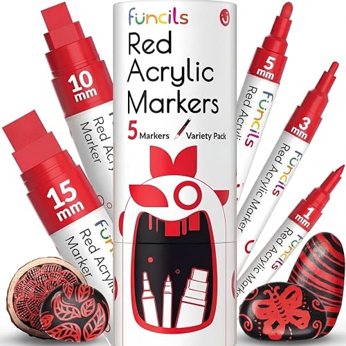 5 Acrylic Red Paint Pens - Fine & Jumbo Size Ink Pens (1mm, 3mm, 6mm, 10mm, 15mm) - Permanent Red Marker Ink for Rock Painting, Fabric, Tire, Metal, Wood, Canvas, Glass, Plastic, Ceramic - color: Red
