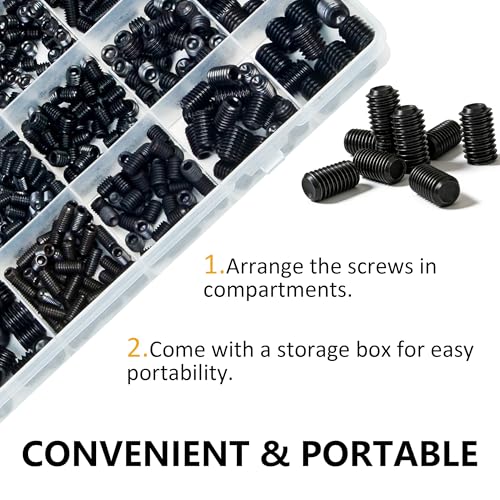 ZTF 1214Pcs Metric & SAE Set Screw Assortment Kit, Internal Hex Drive Set Screws for Bathroom Fixtures, Door Handles, Towel Rack Screws, 12.9 Grade Alloy Steel Grub Screw (M3-M8, 1/8"-40 to 5/16"-18) - size: black-1214pcs