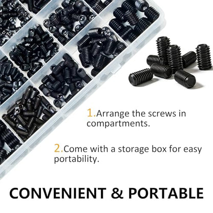 ZTF 1214Pcs Metric & SAE Set Screw Assortment Kit, Internal Hex Drive Set Screws for Bathroom Fixtures, Door Handles, Towel Rack Screws, 12.9 Grade Alloy Steel Grub Screw (M3-M8, 1/8"-40 to 5/16"-18) - size: black-1214pcs