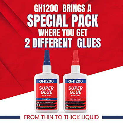 GH1200 57 Grams (2 oz) 100/1500 CPS (Thin/Thick) Super Glue All Purpose with Anti Clog Cap. Ca Glue - Adhesive SuperGlue. Cyanoacrylate Glue for Hard Plastics, DIY Craft, Metal 1 Oz Each