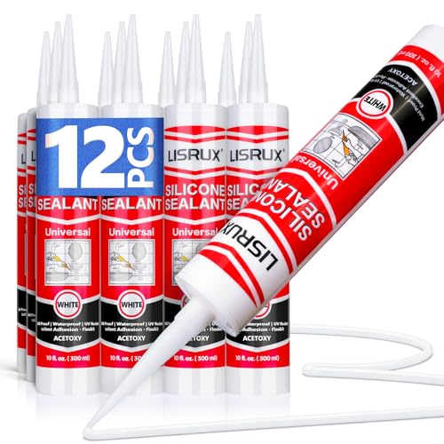 LISRUX Supreme Silicone Caulk for Kitchen & Bathroom, White, 10 fl oz Cartridge, 12 Pack - 100% Waterproof Silicone Sealant, Stronger Adhesion, Shrink & Crack Proof - size: 12P, style: White