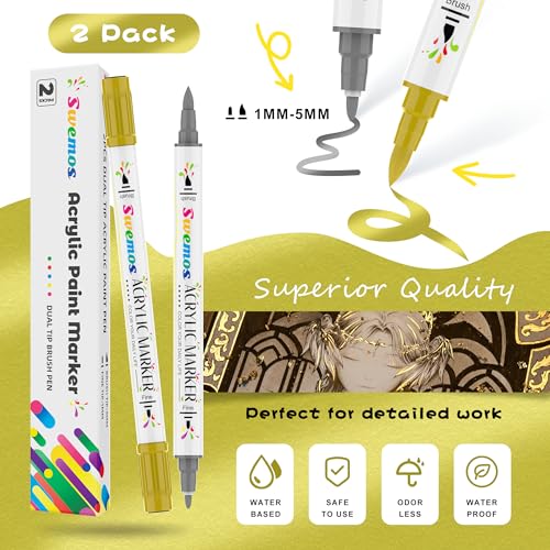 Swemos Acrylic Paint Pens Markers, Dual Tip with Fine Tip and Brush Tip Pens Acrylic Paint Markers Waterproof Acrylic Markers Set for Rock, Canvas Stone, Wood, Glass, Metal (GOLD+SILVER, 2) - style: GOLD+SILVER