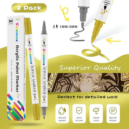 Swemos Acrylic Paint Pens Markers, Dual Tip with Fine Tip and Brush Tip Pens Acrylic Paint Markers Waterproof Acrylic Markers Set for Rock, Canvas Stone, Wood, Glass, Metal (GOLD+SILVER, 2) - style: GOLD+SILVER
