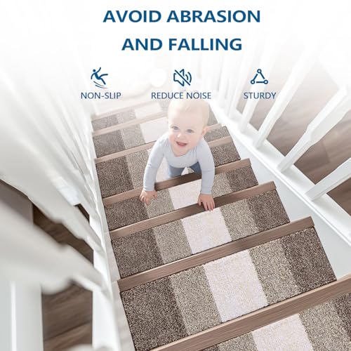 OLANLY Stair Treads Non Slip 15PCS, 8" x 30" Indoor Stair Runners for Wooden Steps, Edging Stair Rugs with Reusable Peel and Stick Adhesive for Kids Elders and Pets, Light Brown - color: Light Brown