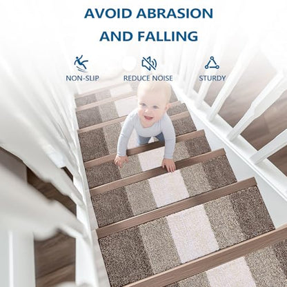 OLANLY Stair Treads Non Slip 15PCS, 8" x 30" Indoor Stair Runners for Wooden Steps, Edging Stair Rugs with Reusable Peel and Stick Adhesive for Kids Elders and Pets, Light Brown - color: Light Brown