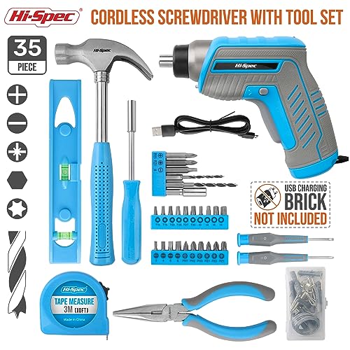 Hi-Spec 35pc Blue Tool Kit with 3.6V USB Electric Screwdriver and Drill set. Complete General Tool Set - color: Blue, size: 35 Pieces
