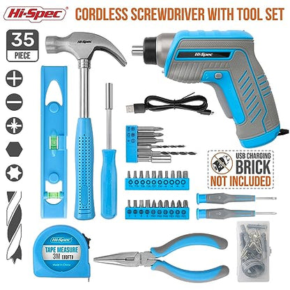 Hi-Spec 35pc Blue Tool Kit with 3.6V USB Electric Screwdriver and Drill set. Complete General Tool Set - color: Blue, size: 35 Pieces