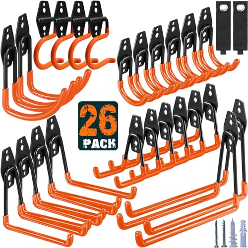 HUPBIPY 26 Pack Garage Hooks Heavy Duty Utility Steel with Anti-Slip Coating Wall Mount Storage Organizer for Hanging Power and Garden Tools, Ladders, Hose, Bikes, Ropes, Bulk Items, and More - color: 26 Pack Orange