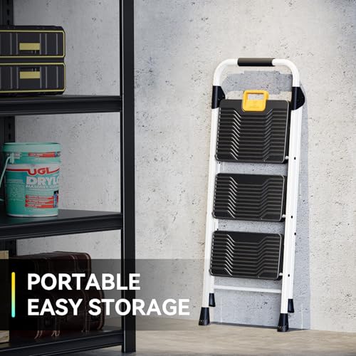 KINGRACK 3 Step Folding Ladder, 800lbs Capacity Step Stool with Safety Lock, Non-Skid Wide Pedals, and Handrail, Lightweight, Household Ladder for Home, Kitchen, Pantry, Closets, and Office Use, White - size: 3-step