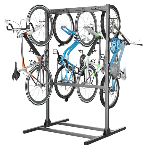 EVERHANGER Freestanding Bike Stand Rack with Adjustable Hooks, Vertical Bike Stand for Garage, Bicycle Storage Organizer, Holds Up to 7 Bikes & 7 Helmets - style: 7 Bike & 7 Helmet Hooks