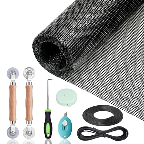 Windows Screen Replacement Kit and Screen Door Repair Kit 48"x118" Durable Fiberglass Mesh Roll with Spline/Roller/Hook/Cutter & Ruler, Sliding Screen Door Replacement for Window & Patio Doors