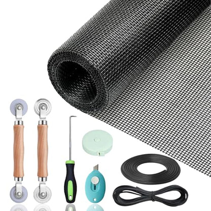 Windows Screen Replacement Kit and Screen Door Repair Kit 48"x118" Durable Fiberglass Mesh Roll with Spline/Roller/Hook/Cutter & Ruler, Sliding Screen Door Replacement for Window & Patio Doors