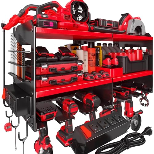 Spampur Heavy Duty Power Tool Organizer Wall Mount with Charging Station – 420 lb Capacity 3-Tier Storage Rack Holds 6 Drills, Side Slots for Screwdrivers & Bits, Garage Storage, Gift for Men - color: Red, size: 6 Slots