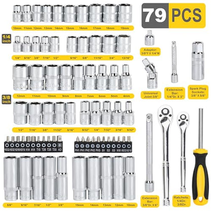 TOPLINE 79-Piece 1/4” & 3/8”Drive Impact Socket Wrech Set, 6-Point Socket Set, Metric, SAE CR-V Sockets with EVA Foam Tray for Bench Storage, Deep & Standard Mechanic Tool Set for Home Maintenance