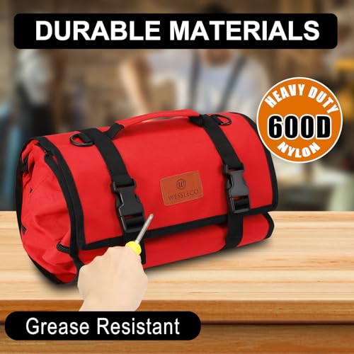 Canvas Tool Roll Up Bag, Multi-Purpose Wrench Organizer, Hvac Tool Bag with 4 Pockets (Red) - color: Red, size: 4 Zipper Pockets