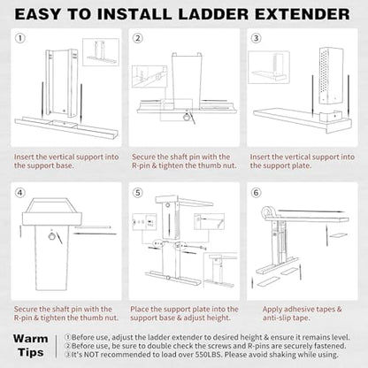 Adjustable Ladder Extender for Stairs, Metal Ladder Extender Stabilizer with Non-Slip Pads, Leveler for Straight/Extension/Telescope Ladders(550LBS Capacity,13.4" to 21.3" H Adjustable) - color: Gray