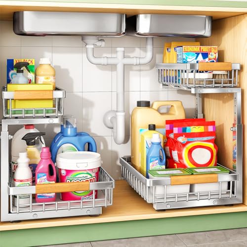 Under Sink Organizer, Stainless Steel 2 Packs 2 Tier Under Sink Organizers and Storage, Slide out Pull out Cabinet Shelf, Sliding Drawer for Kitchen Bathroom Pantry Cabinet Closet Organization Rack - color: Silver, size: 2 Pack