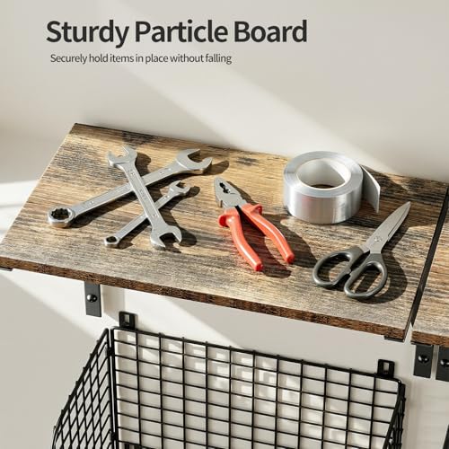Housolution Garage Shelving Wall Mounted, Heavy-Duty Garage Wall Shelving with Baskets & Hooks Supports up to 154 LBS in Total, Tool Storage Organizer for Home, Garden, Kitchen, Laundry Room
