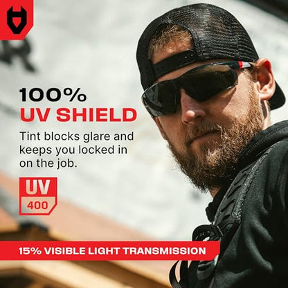 NoCry Safety Sunglasses with Green Tinted Wraparound Lenses; Tinted Safety Glasses for Men and Women with Adjustable Arms & No-Slip Grips; Work Glasses with UV 400 Protection; ANSI Z87.1 Rated - color: White & Red