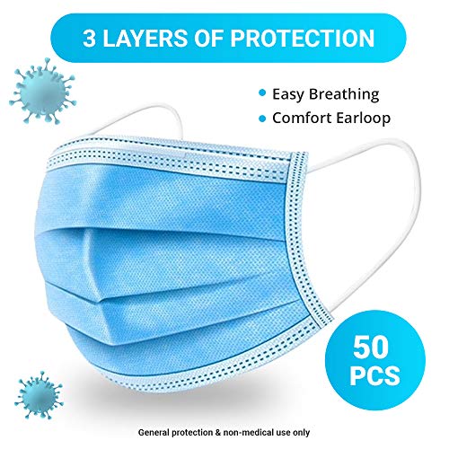ITA-MED 3 Ply Disposable Face Masks, Protective and Breathable, 50 Count, Blue