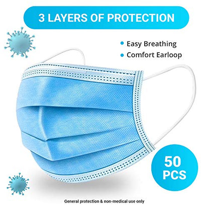 ITA-MED 3 Ply Disposable Face Masks, Protective and Breathable, 50 Count, Blue