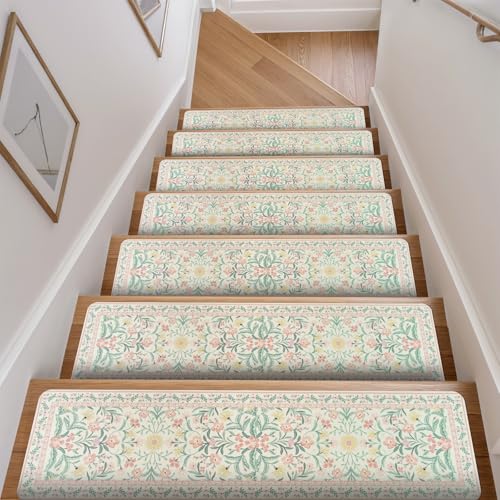 OJIA Pink Floral Stair Treads Non Slip Stair Runners for Wooden Steps Indoor, 15PCS 8"x30" Rubber Carpet Treads for Wood Stairs Staircase Step Treads for Kids & Dogs, Stair Covers, Green - color: Pink-floral, size: 15pcs