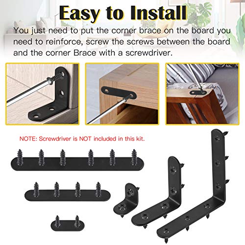 24 Sets Black Corner Braces L Brackets and Straight Braces Mending Plates Heavy Duty Assortment Kit with Screws Fasteners for Wood Shelf Chair Cabinet Furniture (20/50/100mm,40/100/160mm)