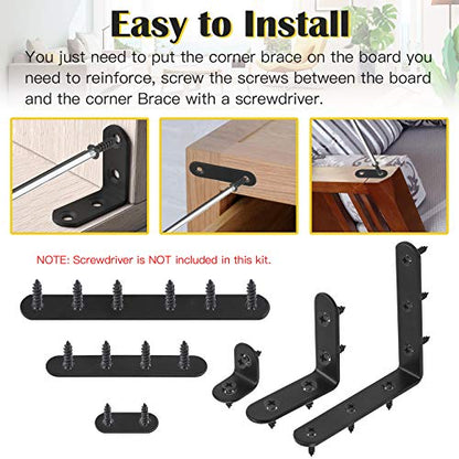 24 Sets Black Corner Braces L Brackets and Straight Braces Mending Plates Heavy Duty Assortment Kit with Screws Fasteners for Wood Shelf Chair Cabinet Furniture (20/50/100mm,40/100/160mm)