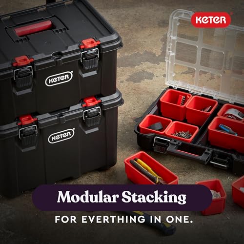 Keter Stack-n-Roll Modular Tools Organizer for Garage Storage and DIY, 3 Piece Resin Rolling Tool Box System for Small Parts, Black - size: 3PC System