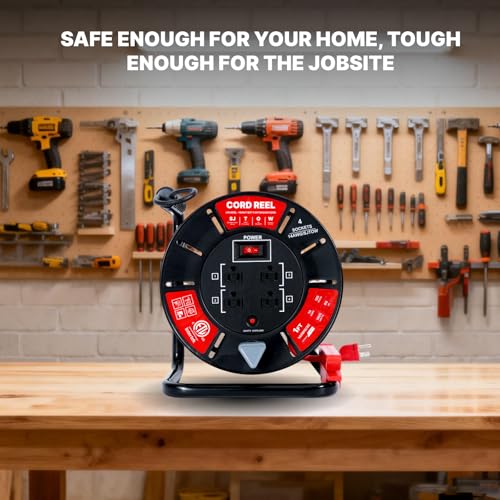 1ft Cord Reel, Retractable Extension Lead with Winding Handle, Safety Overload Circuit Breaker and Power Switch, 4x Grounded Outlets, 13amps, 14AWG Cable