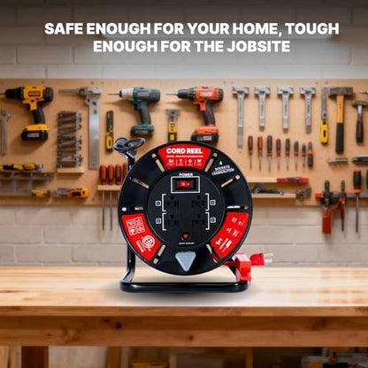 1ft Cord Reel, Retractable Extension Lead with Winding Handle, Safety Overload Circuit Breaker and Power Switch, 4x Grounded Outlets, 13amps, 14AWG Cable
