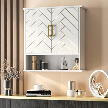 White Chevron Pattern Bathroom Wall Mount Cabinet, Stylish Hanging Medicine Cabinet with Open Shelf, Over The Toilet Storage for Bathroom Kitchen (23 5/8" x 22 7/8" x 7 1/8") - style: Chevron Pattern-White