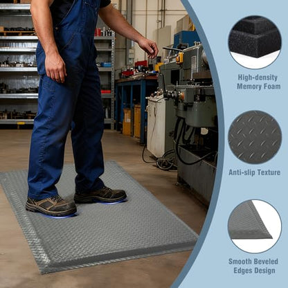 Anti Fatigue Mats Industrial 3' x 6' 15/16" Thick Ergonomic Standing Mat Commercial Kitchen Mat Heavy Duty Diamond Plate Shop Floor Mats Helps Relieve Back and Leg Soreness, Grey - size: 3' x 6'