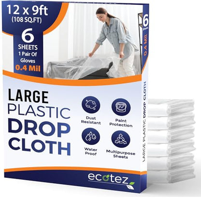 6 Pack 12 x 9 ft Extra Large Plastic Drop Cloth for Painting - Light & Durable Tarp Cover for Furniture - Plastic Clear Tarp Waterproof - Paint Floor Covering - Painters Drop Cloth Sheeting - size: 6 Pack
