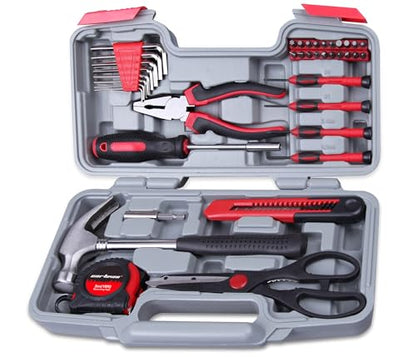 CARTMAN 39-Piece Home Tool Set Kit, Essential Household Hand Tools with Plastic Storage Case Red - color: Red