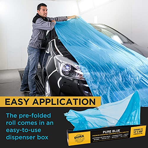 Dura-Gold 12' x 400' Pure Blue Protective Masking Film Cover - Overspray Paintable Sheeting Roll, Painters Plastic (10 Micron, .4 Mil) - Plastic Painting Protection for Auto & Household Paint Covering - size: 12' x 400'