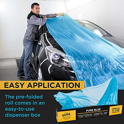 Dura-Gold 12' x 400' Pure Blue Protective Masking Film Cover - Overspray Paintable Sheeting Roll, Painters Plastic (10 Micron, .4 Mil) - Plastic Painting Protection for Auto & Household Paint Covering - size: 12' x 400'