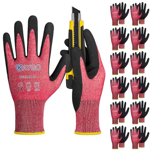 KAYGO Cut Resistant Gloves Micro Finishing Nitrile Coated,Safety Work Gloves with Firm Grip,ANSI Cut A4,KG22N,Ideal for Construction,Warehouse,Wood Carving,DIY - color: Red Ansi A4, size: Large