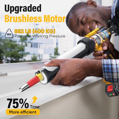 Electric Caulking Gun with 2 Batteries, 882LB Thrust, 32Pcs Cordless Caulking Tool, 6-Speed, Anti-Drip Auto-Retract, LED Light Caulk Gun for RV Sealing, DIY & Professional Use