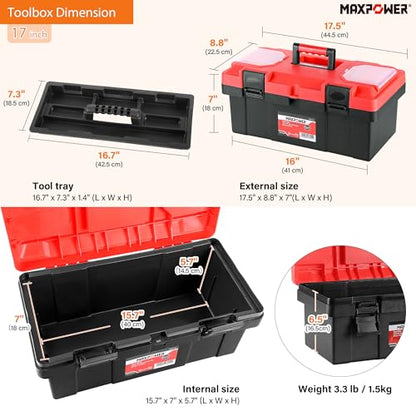 MAXPOWER 2-Piece Plastic Tool Box Set, 12-inch Mini Tool Box & 17-inch Handheld Toolbox, Lockable, Removable Tray, Top Small Parts Organizer Storage for Home, Garage, and DIY Projects - style: 12" 17" red