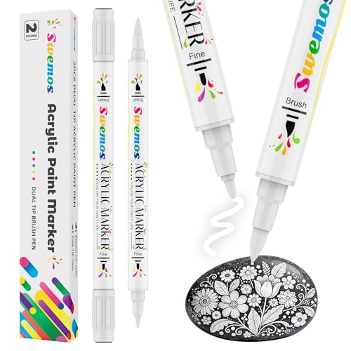 Swemos 2Pcs White Acrylic Paint Pens Markers, Dual Tip with Fine Tip and Brush Tip Pens Acrylic Paint Markers Waterproof Acrylic Markers Set for Rock, Canvas Stone, Wood, Glass, Metal (WHITE, 2) - style: WHITE