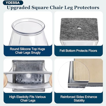 32 Pcs Chair Leg Floor Protectors Square, Floor Protectors for Chairs, Clear Silicone Felt Furniture Leg Pads, Protect Floors, Anti-Scratch Reduce Noise (L Fits: 1-5/16" to 1-1/2") - size: Square L