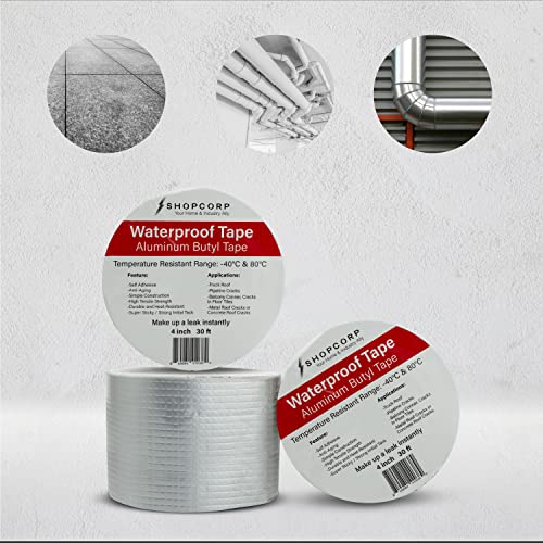 Waterproof Silver Aluminum Butyl Multi-Purpose Tape – Silver Heavy Duty High Heat Professional Foil for Sealing, Patching and Repairing Cracks in Tiles, Ducts and Metal (4 in x 30 ft, 1 Unit) - size: 4 in x 30 ft