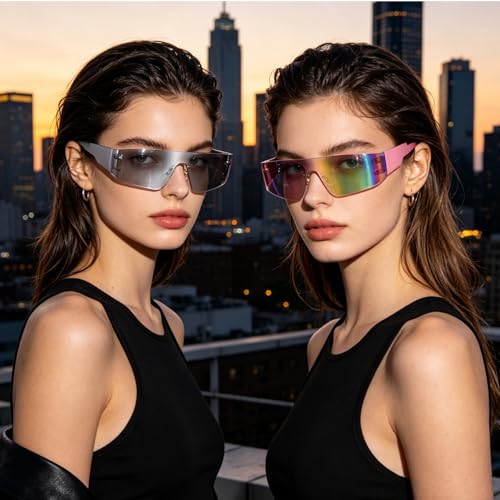 2 Pcs Futuristic Wrap Around Sunglasses Y2K Fashion Trendy Rimless Glasses Punk Eyewear for Women Men - color: Silver+pink