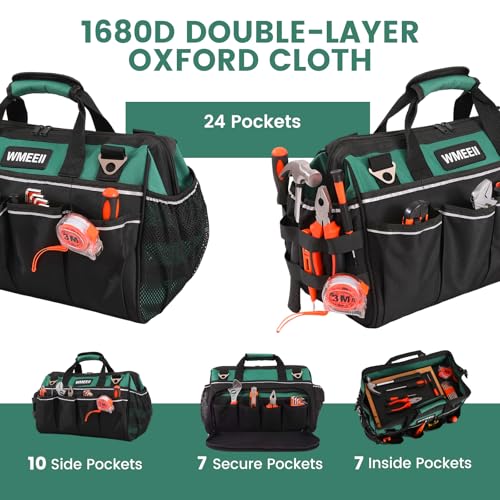 18-Inch Heavy Duty Tool Bag, 24-Pocket Empty Tool Bag Organizer,1680D Oxford Portable Tool Bags for Men,Soft Handle Large Zipper Toolbag for HVAC Craftsmen Contractors Carpenter