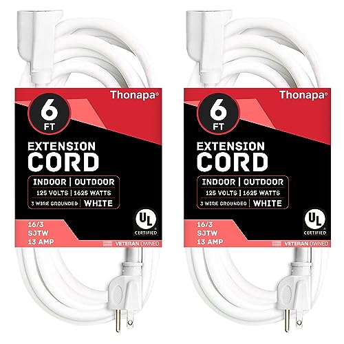 Thonapa 2 Pack White Extension Cord 6 ft, 16/3 SJTW Weatherproof Indoor & Outdoor Extension Cord 3 Prong Grounded Plug, Heavy Duty Power Cable Great for Home, Office & Outdoor Lights, US Veteran Owned - color: White, size: 6 Foot - 2 Pack